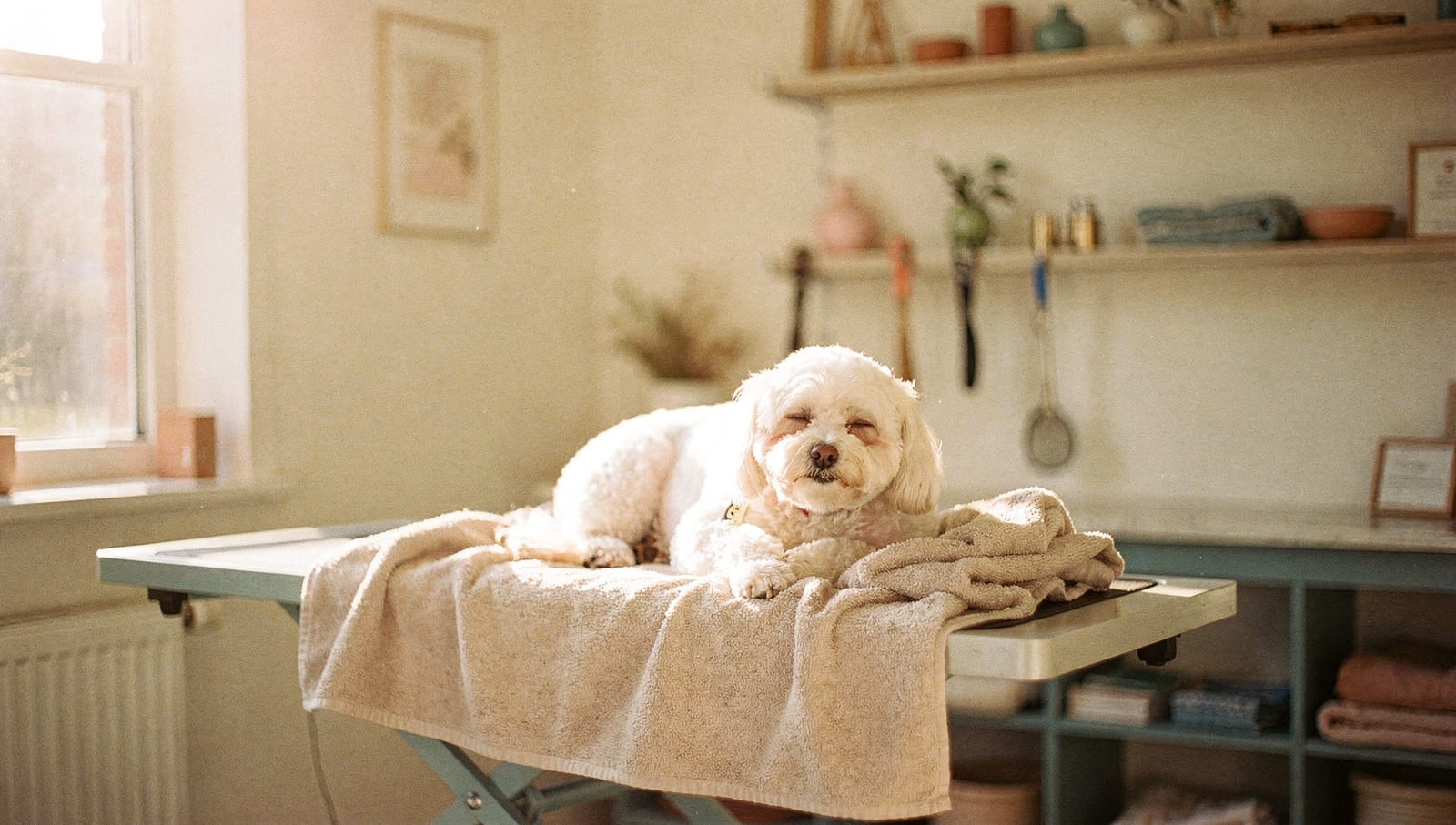 A relaxed dog resting calmly on a grooming table in warm afternoon light