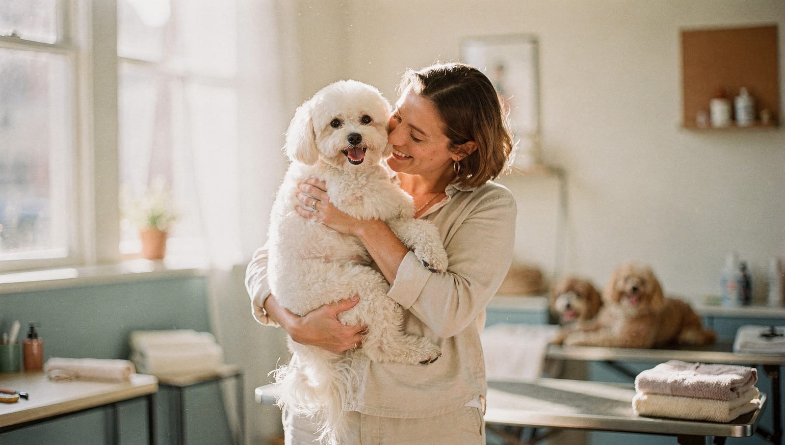 A happy, freshly groomed dog with its smiling owner