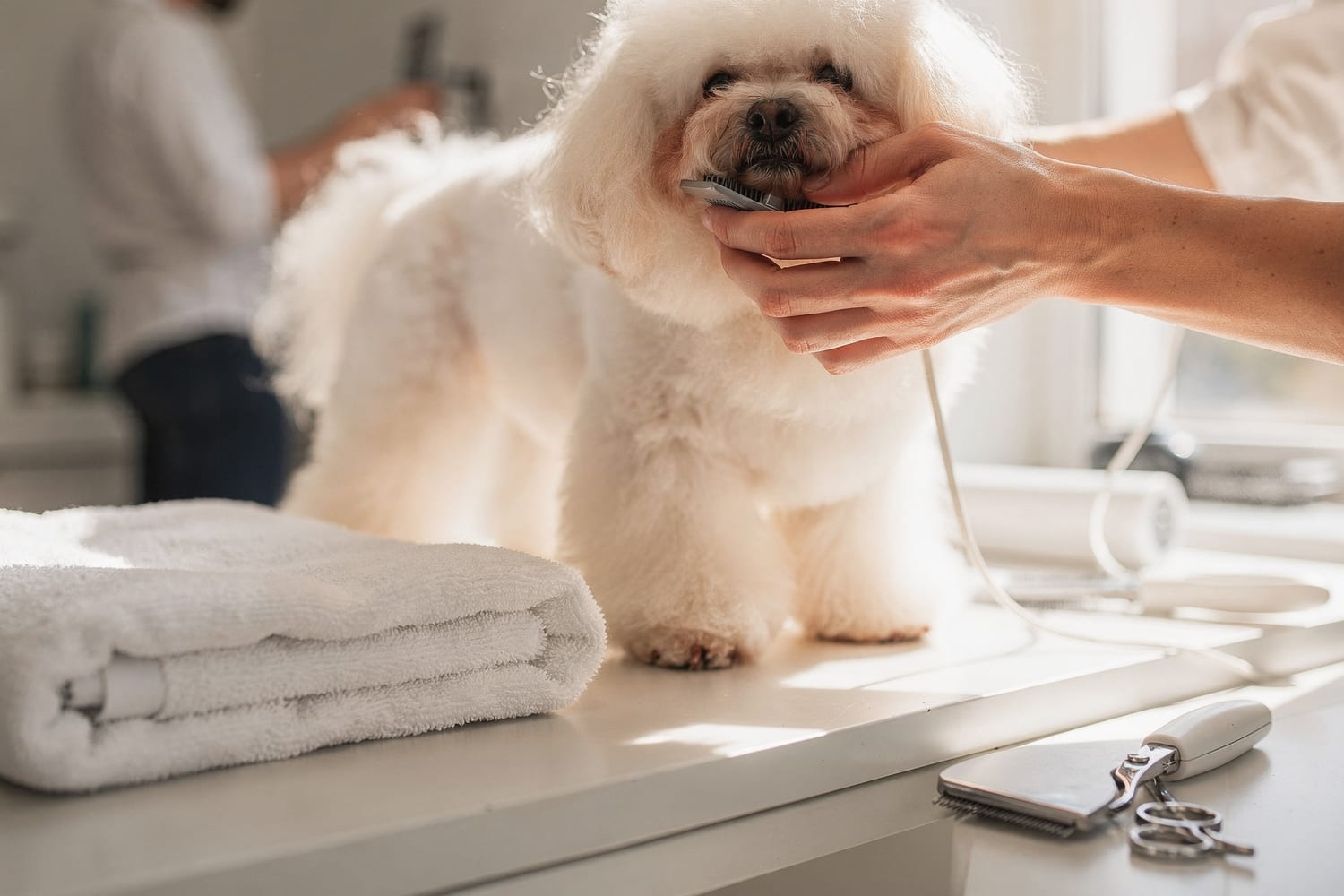 A groomer gently brushing out a calm, fluffy dog by a bright window