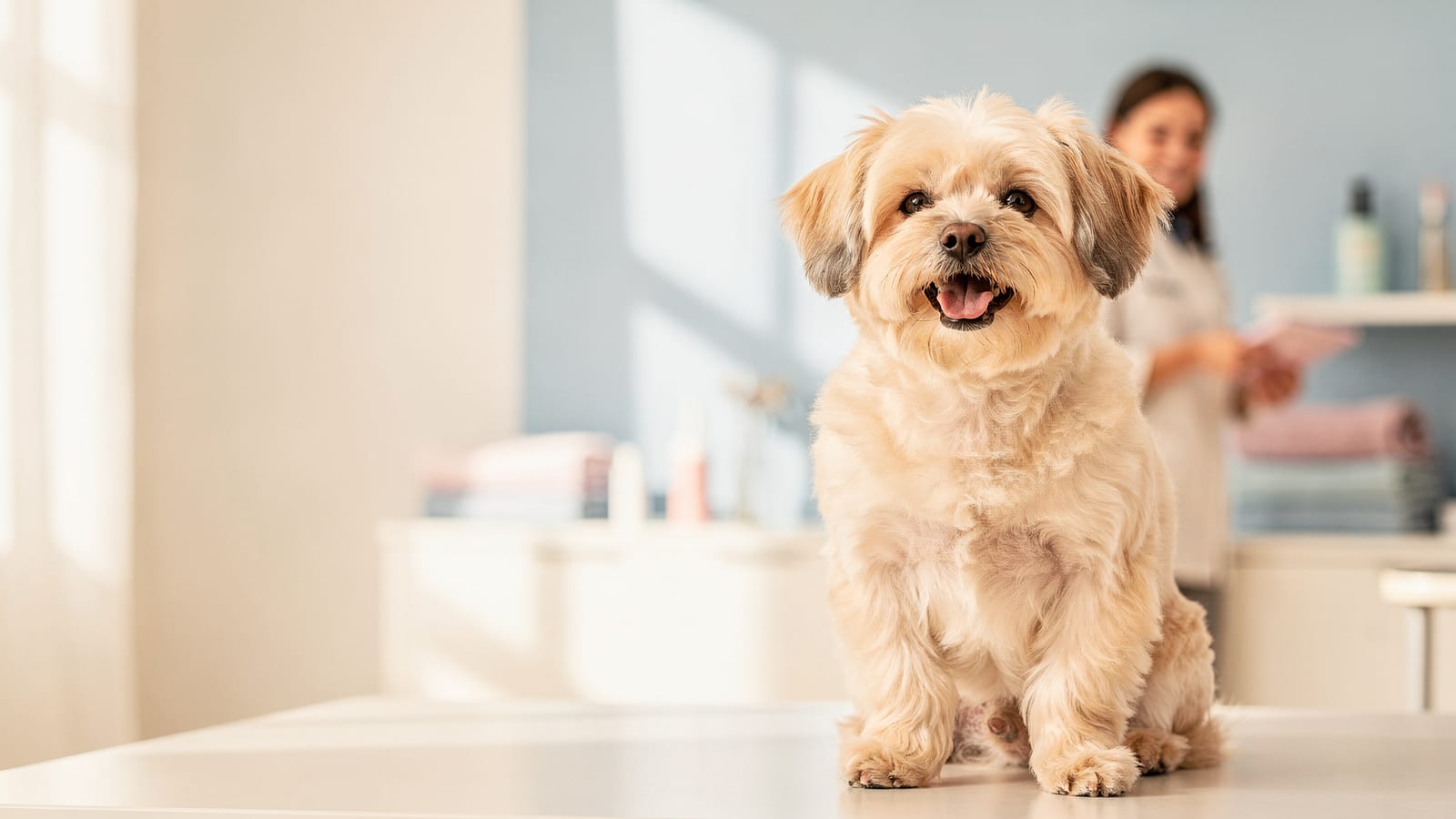 A freshly groomed, happy little dog sitting on a bright grooming table